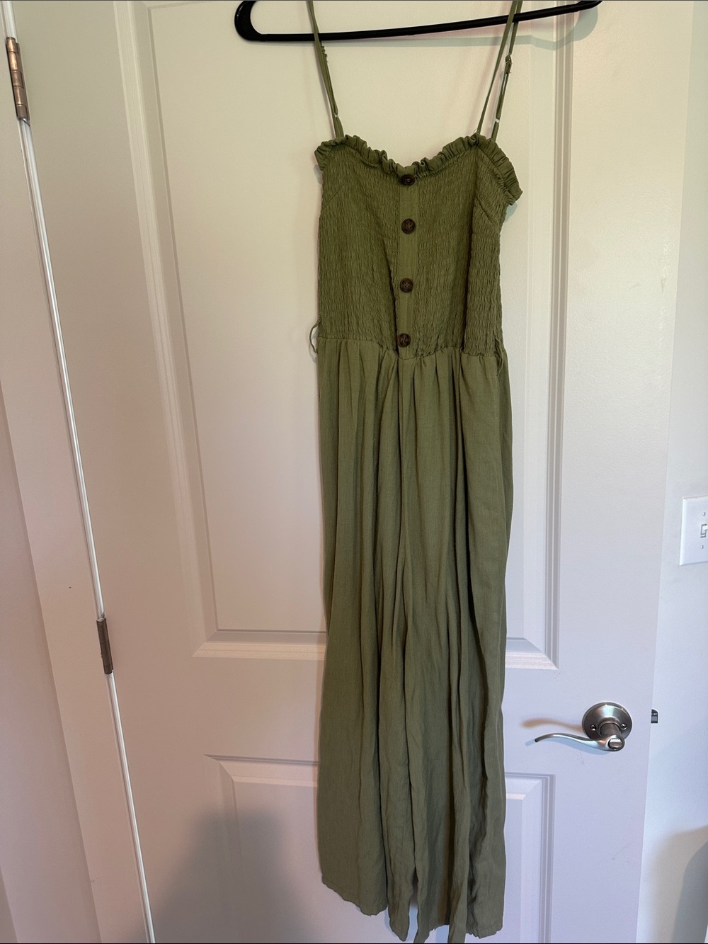 Olive Green Smocked Button-Front Maxi Dress